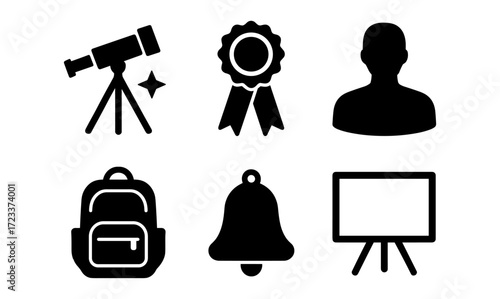 Educational and exploratory vector icons set featuring telescope, award ribbon, backpack, bell, easel, and silhouette