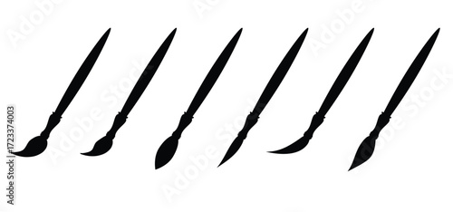 Pencil, paint brush for creative drawing. Paintbrushes of various shapes. Pictograms for drawing tools or painting accessories. Brushes of different sizes, shapes, types, and styles. Painting tools
