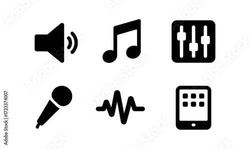 Audio studio icon set featuring microphone, soundwave, music note, speaker, mixer, and tablet for creative design