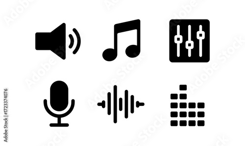 Audio studio icons featuring microphone, music note, sound wave, equalizer, and speaker for creative design projects