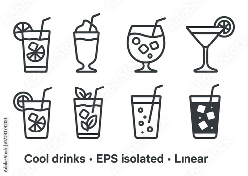Collection of eight line icons of cool drinks with ice cubes and straws