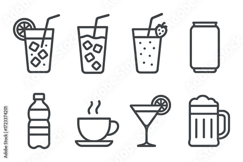 Assorted beverage icons: juice, soda, coffee, cocktail, beer, water