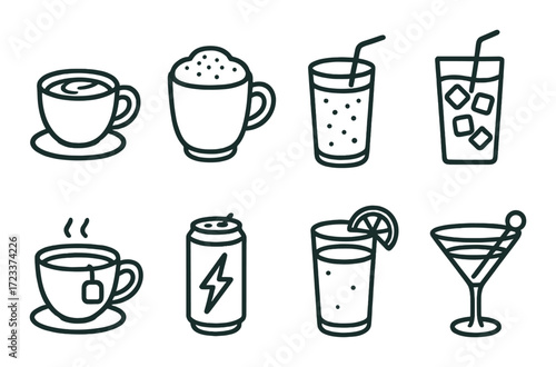 Outline icons of various beverages on a green background