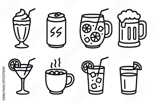 Assorted beverage icons: milkshake, soda, lemonade, beer, cocktail, coffee, iced tea, juice