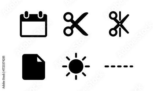 Simple icons set featuring calendar, scissors, document, sun, and dashed line for graphic design