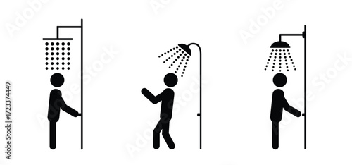 Stickman, shower head with water drops for man or woman. Vector bathroom tools. Water shower symbol. for shower stall or shower bath and bath room, bathing hot water. Douche icon. Showerhead logo. 