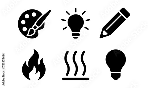 Creative icon set featuring art tools, light bulbs, fire, and heat symbols for design projects