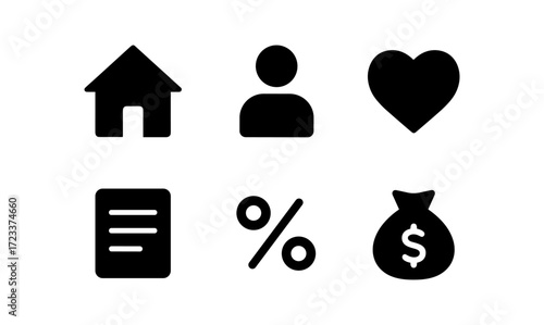 Essential icon set featuring home, user, heart, document, percentage, and money bag for versatile design use
