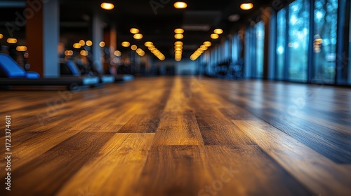 Wallpaper Mural Gym interior, perspective on wood floor, blurred people working out.  Use Stock photo Torontodigital.ca