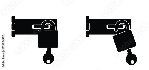 Door hinge buckle. Door hinges with keyhole padlock. Construction hardware. gates and windows tools. Repair tool. Lock or open the door or window. Hinge safety hasp concept
