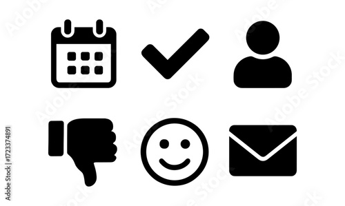 Simple icons set: calendar, check mark, user, thumbs down, smiley, and envelope for digital interface design