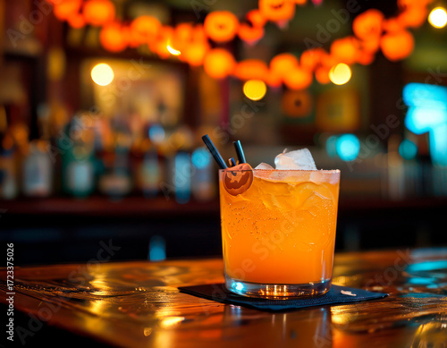 Halloween drink with glowing neon bar background,great for bar promotions and seasonal ads.