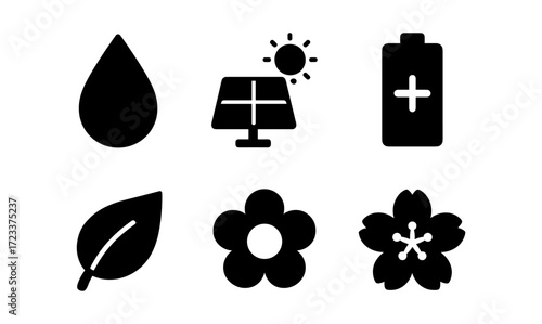 Colorful eco-friendly energy icons featuring solar, battery, leaf, water, and floral designs for sustainable projects