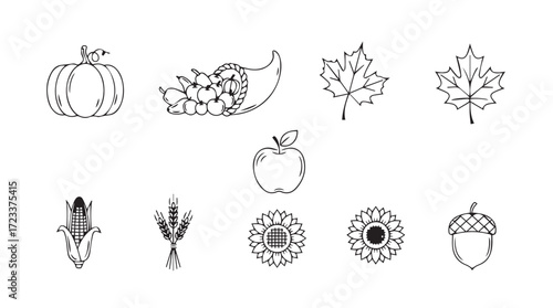 Autumn harvest collection of stylized line art icons for seasonal design and celebration silhouette