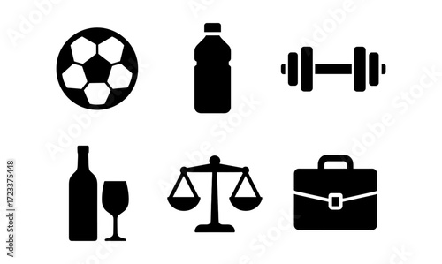 Diverse vector object collection: sports, beverage, fitness, justice, and professional themes