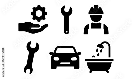 Essential tool and repair icons set for home improvement and automotive maintenance design