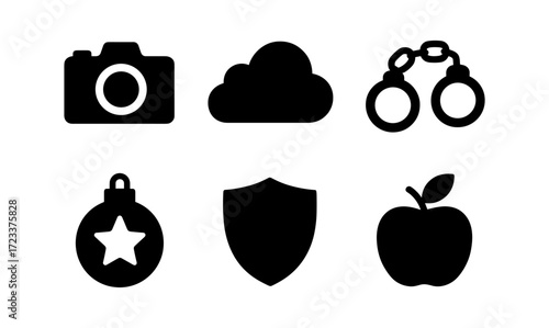 Simple vector icons set featuring camera, cloud, handcuffs, ornament, shield, and apple
