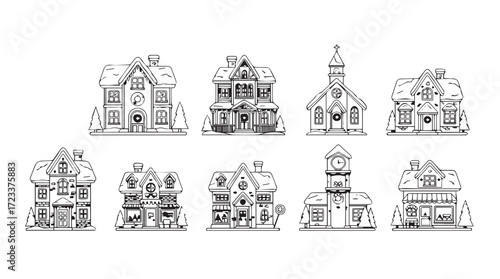 Collection of hand-drawn architectural sketches of diverse buildings and houses silhouette