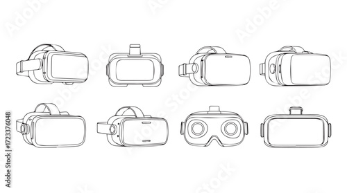 Collection of virtual reality headsets diverse designs top view perspective flat line art icons silhouette