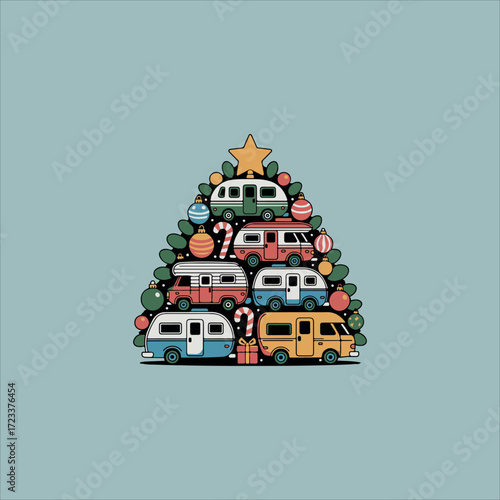 Christmas Tree Made of Campers , Festive Holiday RV Vector Illustration