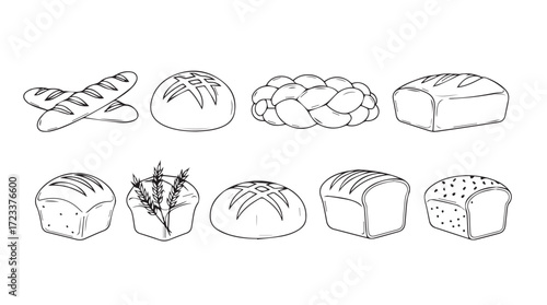 Artistic sketch collection of assorted bakery bread loaves and baguettes for culinary designs silhouette