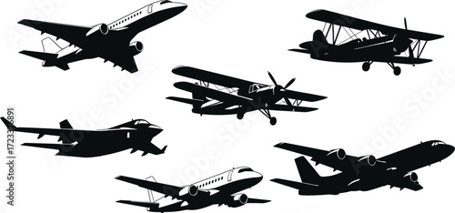 Airplane silhouettes, aircraft clipart, jet vector, vintage planes, aviation graphics, military aircraft, passenger plane clipart, flight icons, pilot illustration set