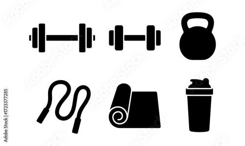 Minimalist gym equipment icon set for fitness and workout designs