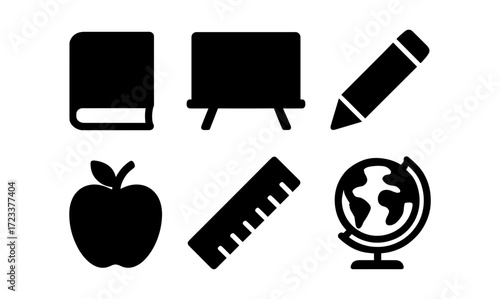 Classroom essentials icon set featuring book, blackboard, pencil, apple, ruler, and globe for educational design