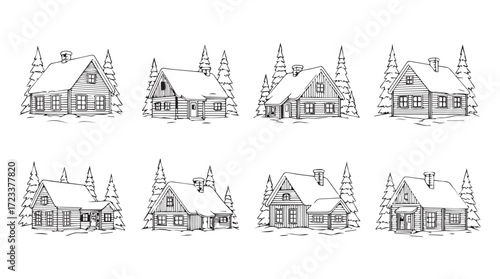 Sketchy log cabin in snowy forest scene isolated elements for design projects silhouette
