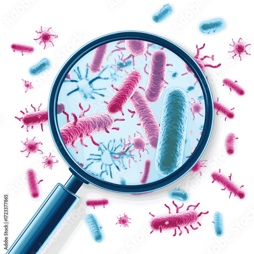 bacteria microorganism captured by magnifying Glass on white floor , vector style simple color