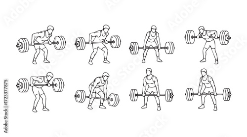 Weightlifting exercise sequence male athlete performing various barbell strength training movements silhouette