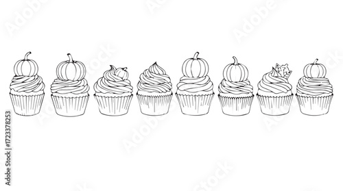Whimsical line art collection of unique dessert treats and cupcakes in a row silhouette