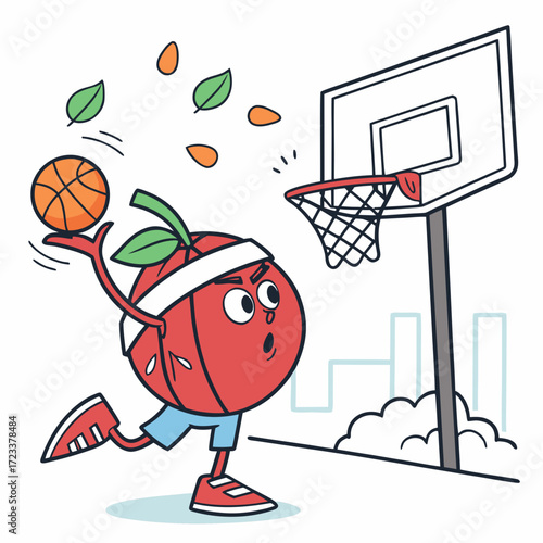 A cartoon tomato character wearing a headband and shorts dribbles a basketball on a court preparing to shoot a basket with a surprised expression