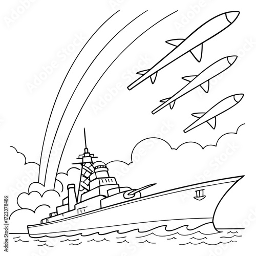 A black and white line drawing illustration of a powerful warship sailing on the ocean with three missiles flying in the sky above and a rainbow in the background
