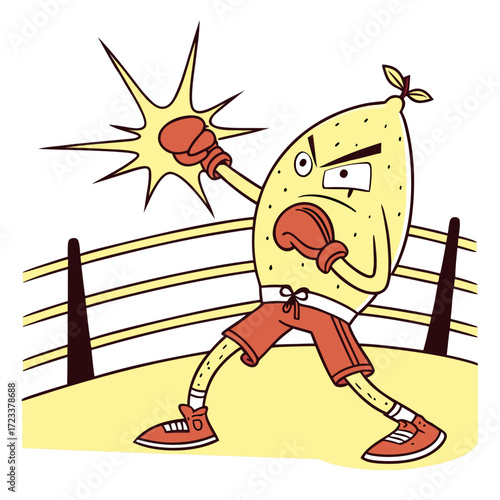 A determined cartoon lemon character wearing boxing gloves and shorts stands in a boxing ring throwing a punch with a starburst effect