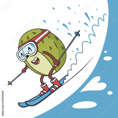 A happy cartoon avocado character wearing ski goggles and a red headband skis down a snowy slope with ski poles and splashing water
