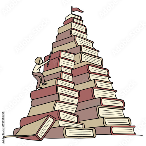 A determined person climbs a towering stack of books reaching for a flag at the summit symbolizing the pursuit of knowledge and achievement