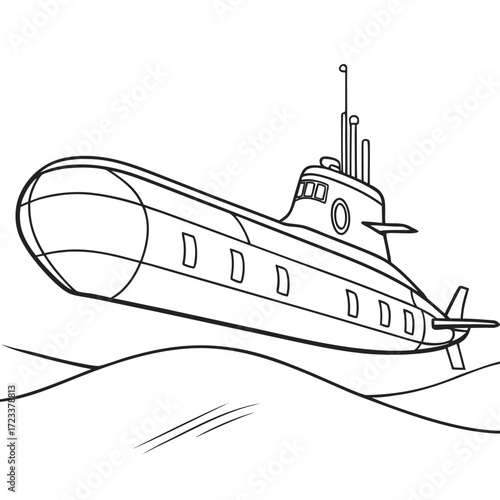 A simple black and white line drawing of a submarine with a conning tower and periscope sailing through stylized ocean waves