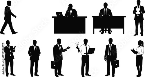 Businessman silhouettes, businesswoman clipart, office worker vector, corporate team icons, meeting graphics, professional poses, executive clipart set, workplace illustration bundle