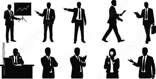 Businessman silhouettes, corporate manager vector, office worker clipart, executive poses, business people graphics, entrepreneur illustration, company icons, professional man clipart set