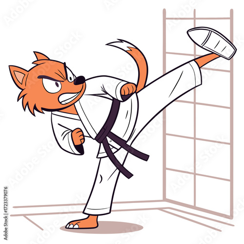 An energetic cartoon fox wearing a white karate gi with a black belt performs a powerful high kick in a dojo setting with a shoji screen