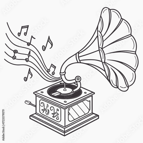 A vintage gramophone with a large horn plays music represented by flowing musical notes and staves in a charming hand drawn line art style