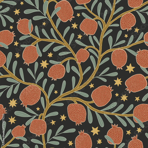 Pomegranate vine and stars seamless pattern. Garden tapestry muted colors hand drawn pattern. Allover floral print with pomegranate tree in the night.