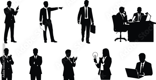 Businessman silhouettes, office teamwork clipart, manager vector set, business icons, entrepreneur poses, desk work illustration, corporate meeting graphics, leadership