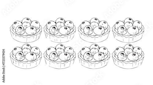 Eight hand drawn style sweet cupcakes with berries and frosting decorations silhouette