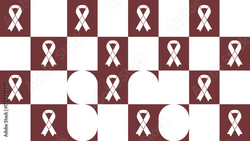 Checkerboard pattern with maroon squares and white ribbons, some squares are obscured by circles