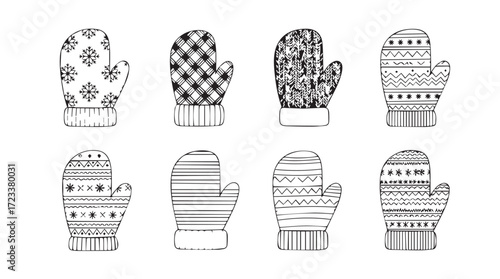 Set of eight hand-drawn winter mittens featuring diverse festive patterns and textures silhouette