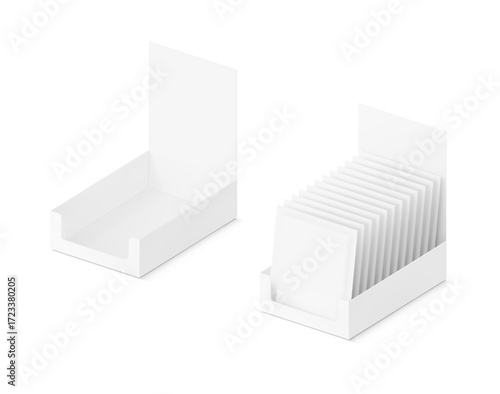 Blank shelf-ready box  with sachet mockup. Vector illustration isolated on white background. Easy to use for your product. EPS10.