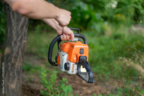 Wallpaper Mural Hands starting a chainsaw by jerking starter, ready to start cutting branches in a residential backyard Torontodigital.ca
