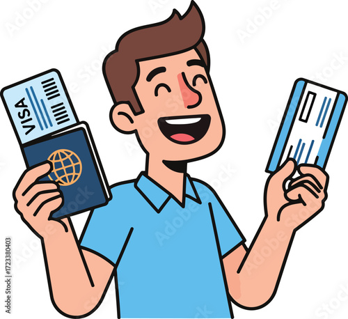 Cheerful man holding passport and ticket happy excited